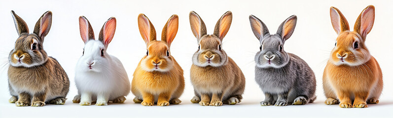 Fototapeta premium A serene and photorealistic image of six rabbits showcasing diverse coat colors. Ideal for pet care promotions, Easter themes, or children's book illustrations.