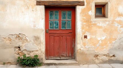 Weathered Red Wooden Door on Old Stone Wall