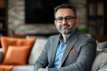 Obraz premium A confident, mature man with glasses, exuding calm assurance in his stylish grey blazer, seated comfortably in a warm, inviting home setting.