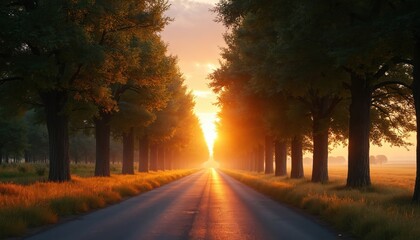 Fototapeta premium Sunlit road with perspective vanishing point leads through alley of trees at sunset. Warm sun rays stream landscape. Rural idyllic atmosphere, nature view. Road trip adventures, outdoor travel themes.