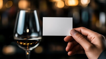 Wine glass near hand holding card. Bokeh background