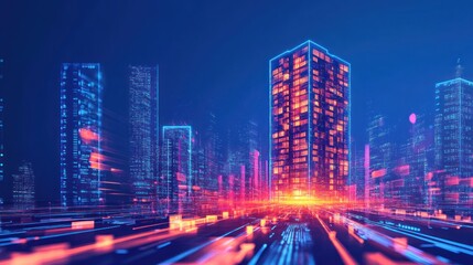 Futuristic city skyline at night, digital art, urban landscape, technology, use in presentations, posters, or websites