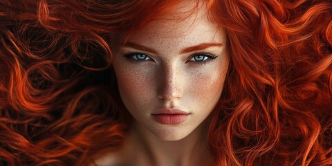 Portrait of beautiful redhead model with freckles, showcasing natural beauty and authenticity.
