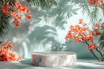 Marble Podium Amidst Spring Blooms in Soft Pastels