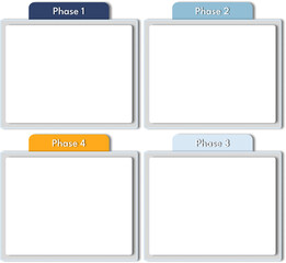 Set of boxes to organize presentation, small, colorful, blue and yellow flowchart, four phases.	