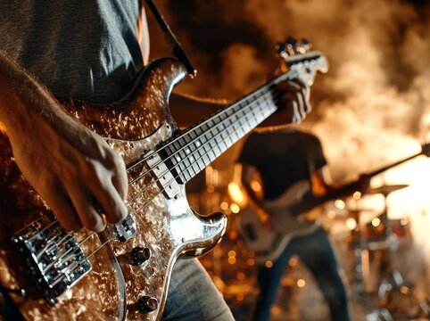 The rock band is performing on stage with a guitarist, bass guitar, and drums, and the guitarist is prominently featured in the foreground in a close-up shot
