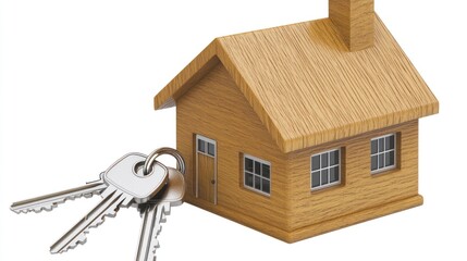 Wooden house model, keys, white background, homeownership concept