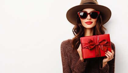 A woman in a stylish hat and sunglasses holding a red gift box with a ribbon, isolated on a white background.