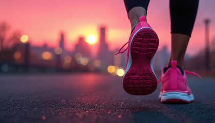 Runner strides forward in pink shoes towards cityscape at sunset. Urban fitness shot evokes motivation, healthy lifestyle, ambition, achievement, determination. Dynamic movement for city exploration,