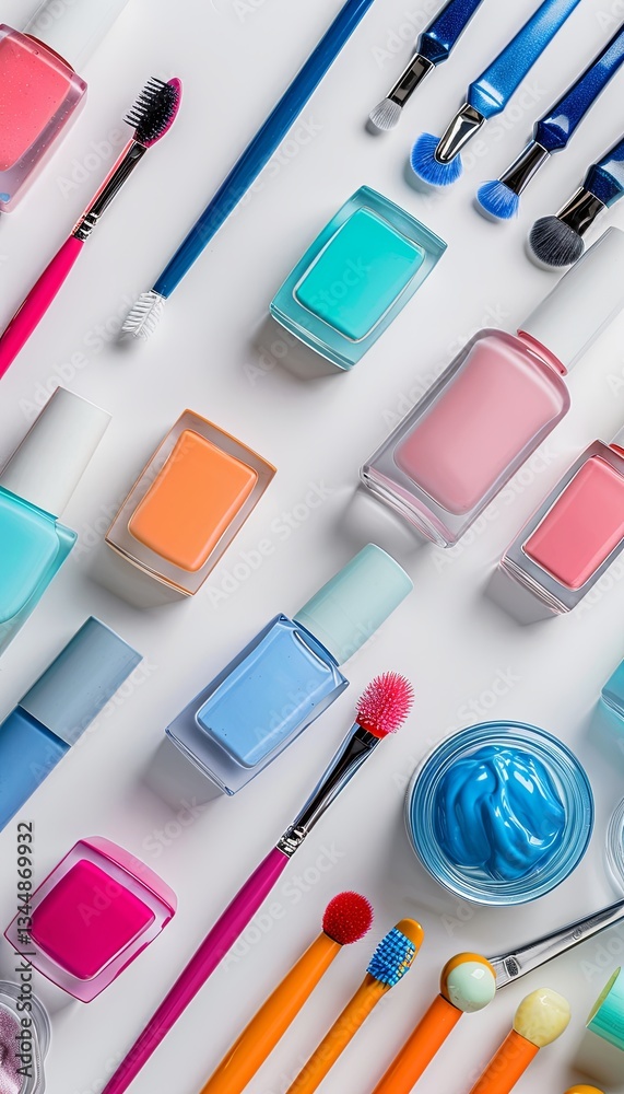 Poster Colorful array of nail polishes and manicure tools arranged neatly on a light surface Generative AI