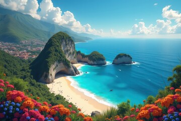 Stunning tropical beach with turquoise waters, dramatic rock formations, lush green mountains, and vibrant flowers under a bright blue sky