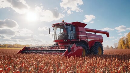 Obraz premium Red harvester harvesting autumn field