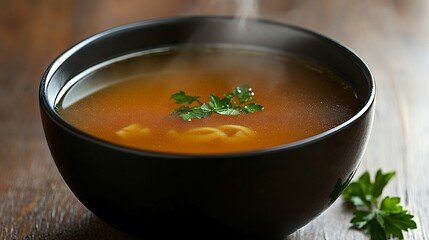 clear chicken soup in a decorative presentation glass