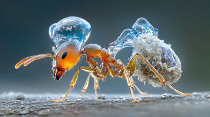 Extreme Macro Photography of a Tiny Ant Carrying Food with Glittering Droplets on Its Body