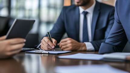 Obraz premium Candidate being interviewed in a sleek corporate setting with an HR manager taking notes across the table.