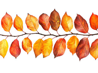 Fototapeta premium Autumn leaves in shades of red, orange, and yellow arranged on a branch against a transparent background, PNG