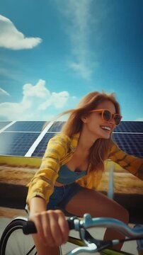 young girl with glasses riding a bicycle outdoors in a field with solar panels, emphasizing clean, renewable, and sustainable energy