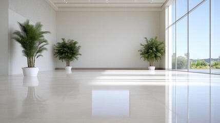 Spacious, modern, minimalist interior.  Large windows offer breathtaking views.  White walls and floors create a clean, bright ambiance.  Two potted palm trees add a touch of natural elegance