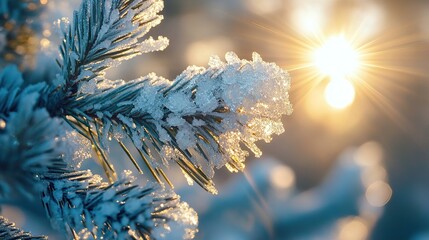 A glowing emerald pine needle cluster wrapped in delicate ice crystals with rays of sunlight bending through the frozen tips