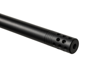 Close-up of a .22lr rifle barrel with a matte black finish, showcasing precision engineering and sleek design, isolated on a white back