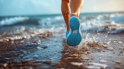 A person running along a quiet beach with the waves gently rolling in, Running, Relaxing and healthy