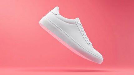White sneaker floating on pink background.