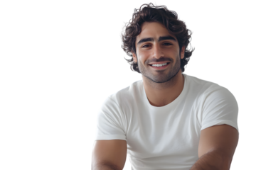 A smiling individual with curly hair wearing a white tshirt ideal for lifestyle and fashion c