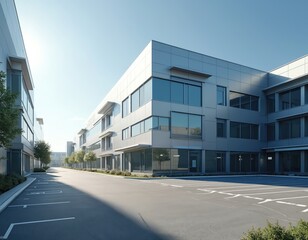 Obraz premium Modern industrial enterprise office building exterior. Commercial architecture design, innovative facades, glass windows reflects clear blue sky. Empty parking lot. Workplace, business center,
