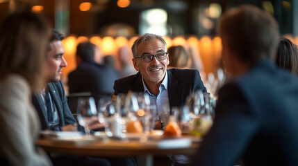 Group of executives engaged in a lively discussion at a networking lunch event, with warm ambient lighting.