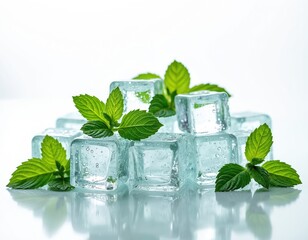 Fresh mint leaves and melting ice cubes composition on white background. Refreshing cool wet spearmint peppermint square blocks. Summer spice aromatic herbal drink ingredient for mojito lemonade.
