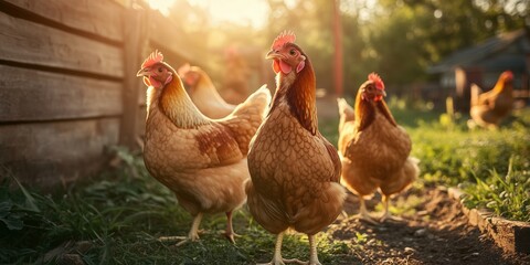 Fototapeta premium Adorable chickens on the farm on warm and sunny summer day. Countryside rural landscape.