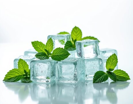 Fresh mint leaves and melting ice cubes composition on white background. Refreshing cool wet spearmint peppermint square blocks. Summer spice aromatic herbal drink ingredient for mojito lemonade. - Powered by Adobe