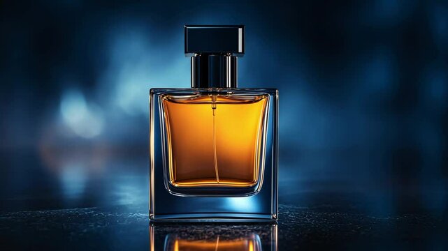 Elegant Perfume Bottle with Amber Liquid on a Moody Blue Gradient Background