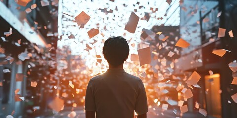 Fototapeta premium A person stands facing paper debris falling from above the street