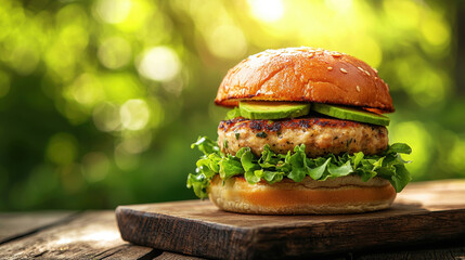 Grilled turkey burger with avocado and lettuce, healthy lunch option, rustic wooden board, sunny outdoor setting, fresh vibes
