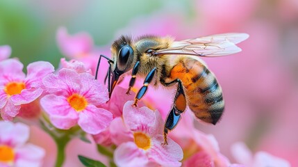 Honeybee on pink flowers