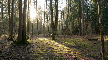 Obraz premium Serene Forest Clearing with Tall Trees, Sunbeams Filtering Through the Canopy, and Moss-Covered Ground Blanketed with Fallen Leaves