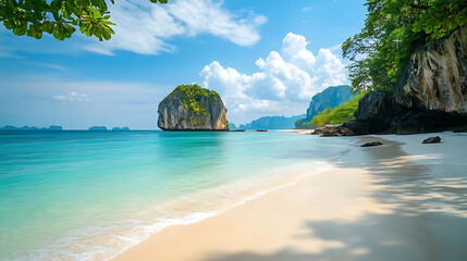 Fototapeta premium Tropical island scenery with bright blue waters and white sandy beach sun rays on the beach and water.