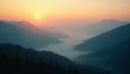 Foggy mountain valley at sunrise. .AI image