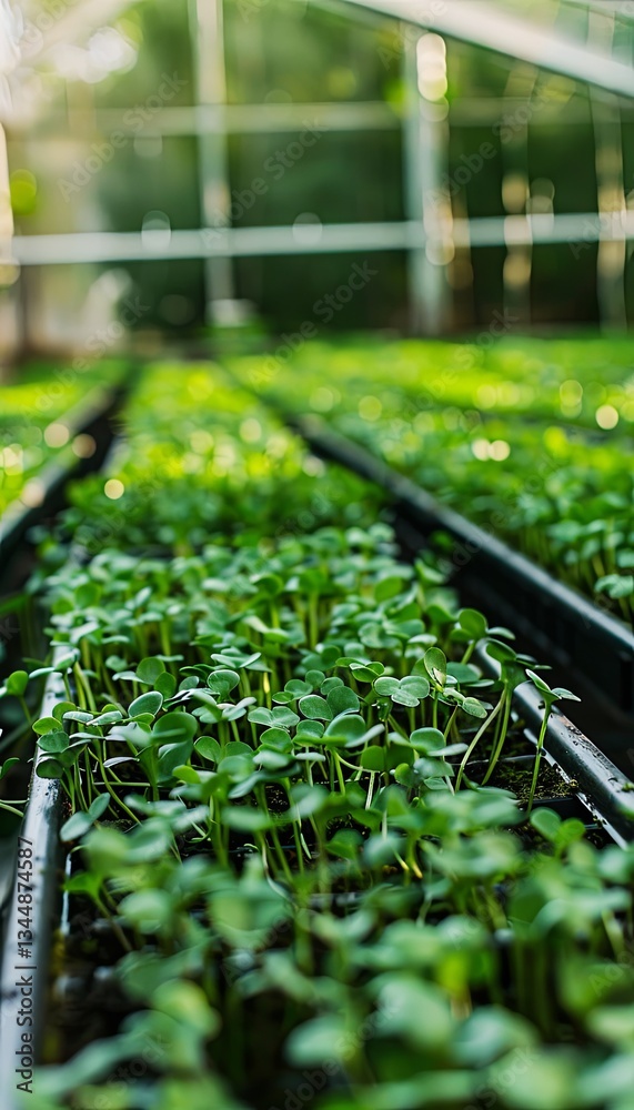 Poster Rows of flourishing microgreens nurtured by a drip irrigation system in a greenhouse setting Generative AI