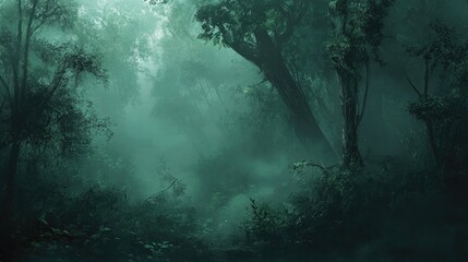 Obraz premium Lush Green Forest Landscape with Mist and Dense Foliage in Ethereal Atmosphere