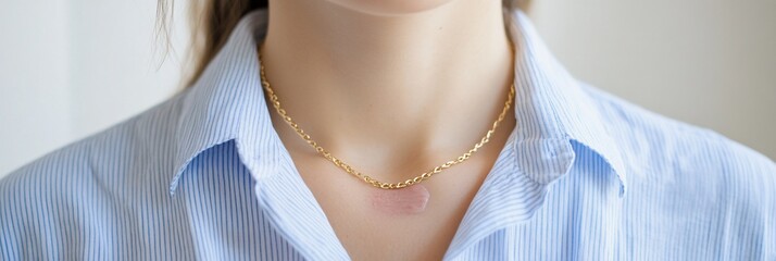 Woman Neck Closeup Delicate Jewelry Light Blue Shirt