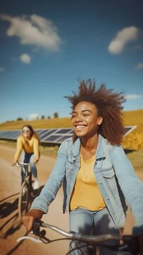 african american brunette woman with afro hair riding a bicycle with friends in a solar panel park, emphasizing renewable and sustainable energy that is friendly to the environment