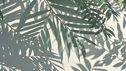 Naklejka premium Shadow background. Natural leaf shadows and sunlight on white wall,pattern,tree