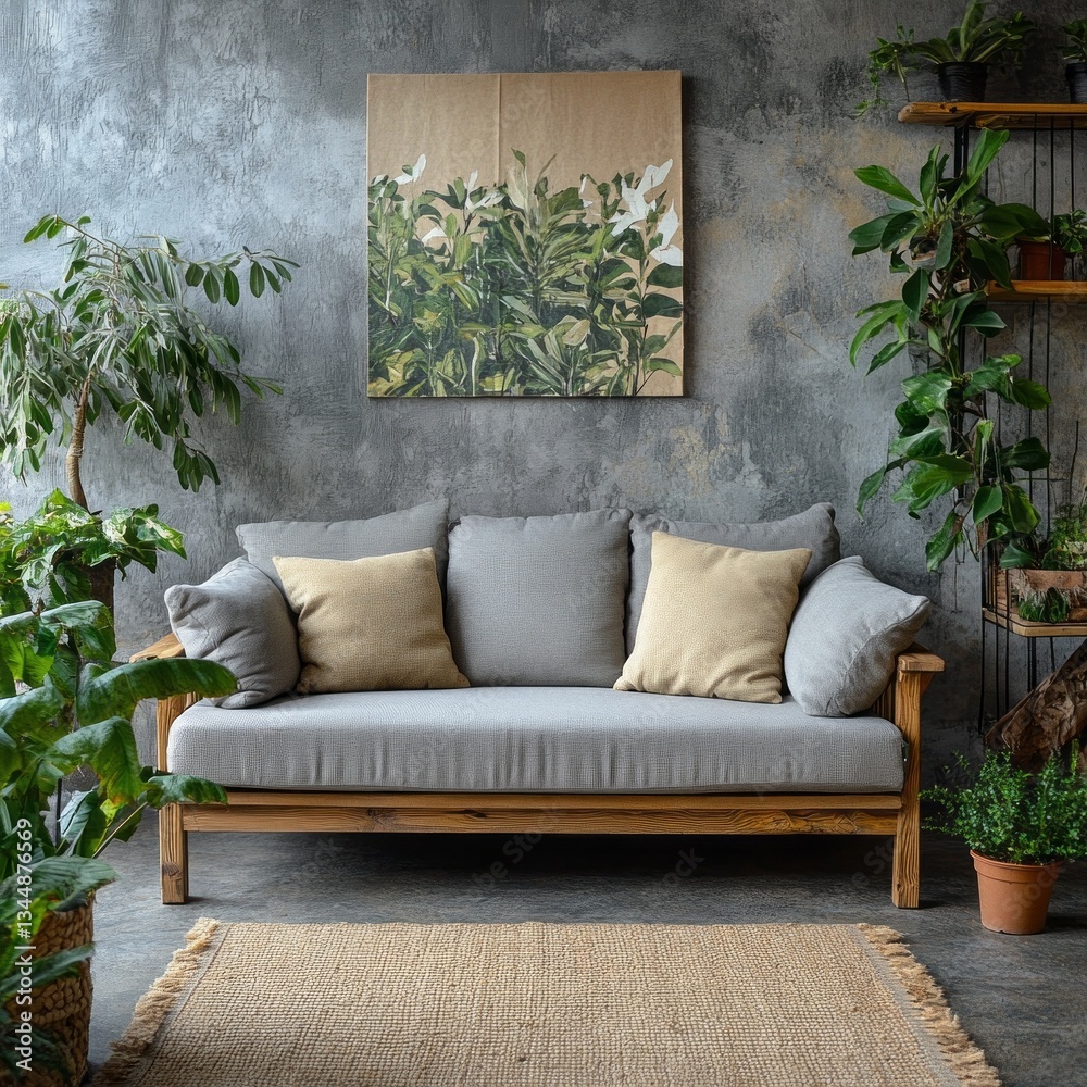 Aufkleber a stylish gray couch with soft cushions invites relaxation in a tranquil indoor setting filled with 