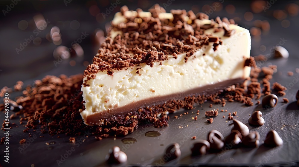 Poster delicious cheesecake slice topped with chocolate crumbs on dark slate surface generative ai