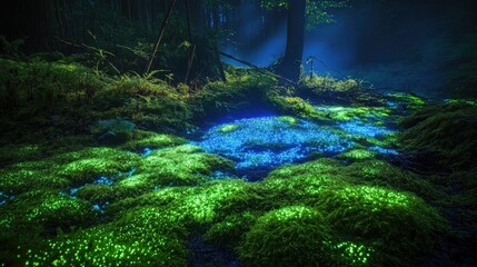 Enchanted Forest Glow at Night with Bioluminescent Moss and Magical Light Effects in Mystical Woodland