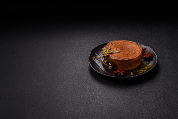 Round puff pastry croissant with pistachio filling or new york roll