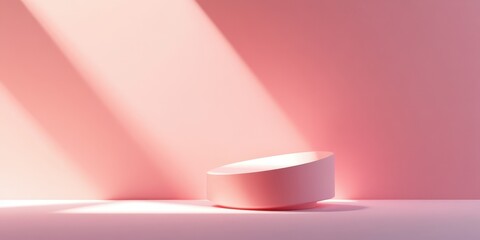 A pink geometric pedestal is displayed with dramatic light and shadows