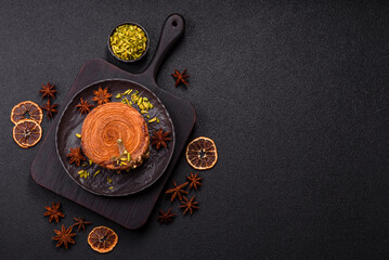 Round puff pastry croissant with pistachio filling or new york roll